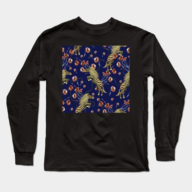 Golden zebra with red watercolor flowers Long Sleeve T-Shirt by ilhnklv